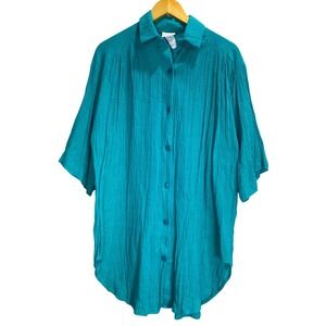 Adonna Leisurewear Vintage Teal Cotton Crinkle Gauze Button Front Shirt Small